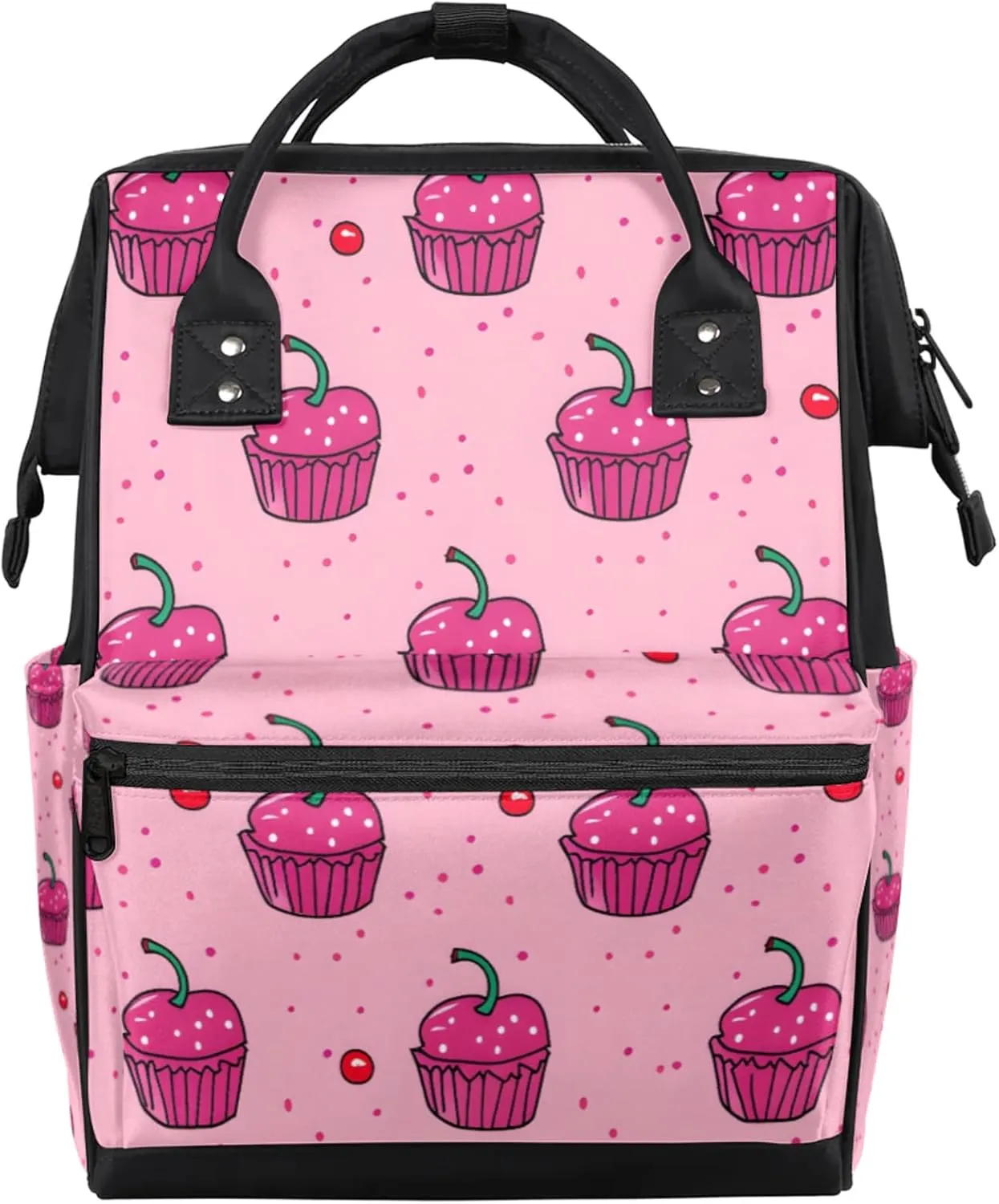Tavisto Cherry Cupcake Delight Double Shoulder Mommy Bag for Women, Polyester Large Capacity Diaper Backpack with Multi Pockets, Waterproof Adjustable Straps Diaper Bag for Moms Dads, 11''×7''×15.7''