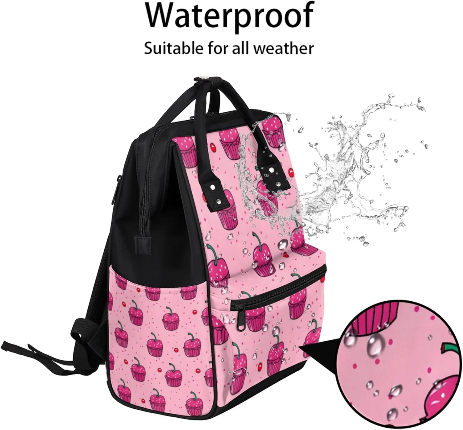 Tavisto Cherry Cupcake Delight Double Shoulder Mommy Bag for Women, Polyester Large Capacity Diaper Backpack with Multi Pockets, Waterproof Adjustable Straps Diaper Bag for Moms Dads, 11''×7''×15.7''