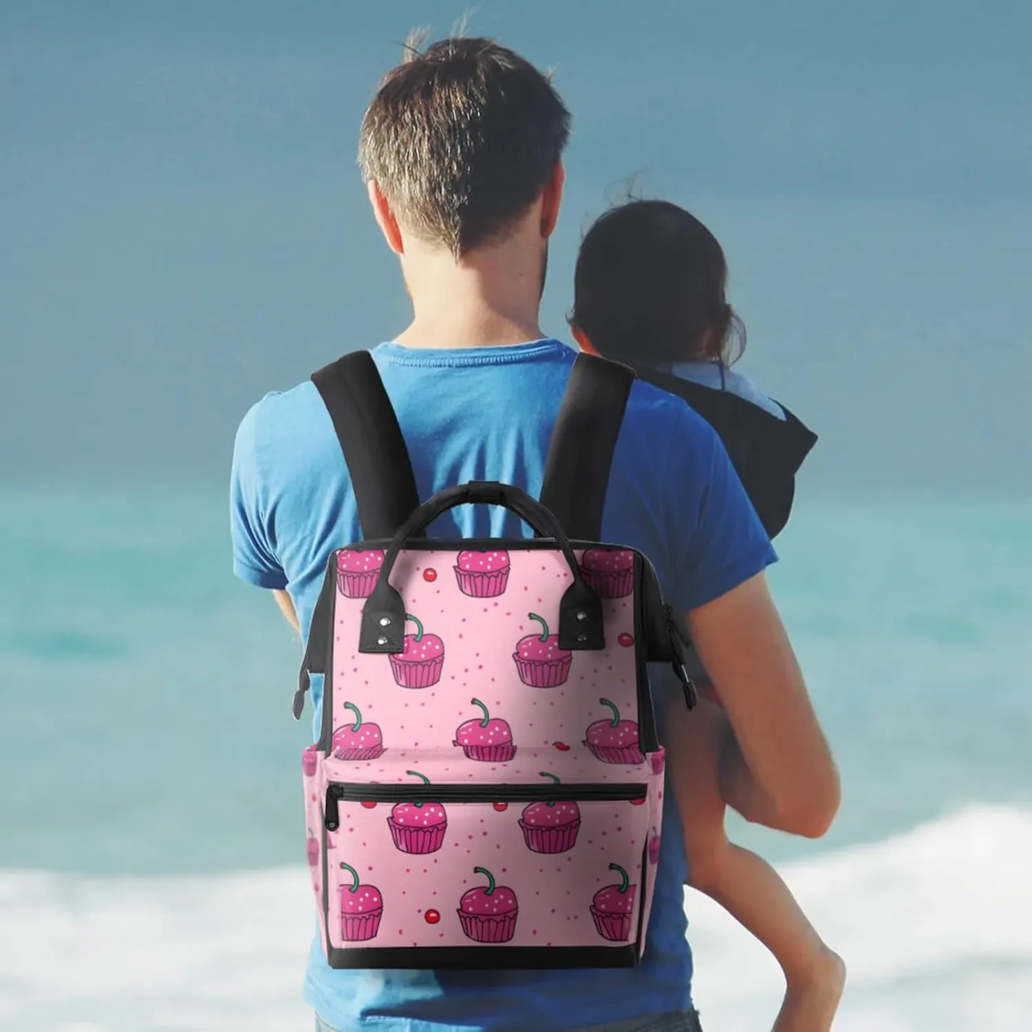 Tavisto Cherry Cupcake Delight Double Shoulder Mommy Bag for Women, Polyester Large Capacity Diaper Backpack with Multi Pockets, Waterproof Adjustable Straps Diaper Bag for Moms Dads, 11''×7''×15.7''