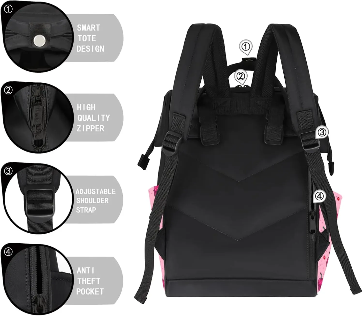 Tavisto Cherry Cupcake Delight Double Shoulder Mommy Bag for Women, Polyester Large Capacity Diaper Backpack with Multi Pockets, Waterproof Adjustable Straps Diaper Bag for Moms Dads, 11''×7''×15.7''