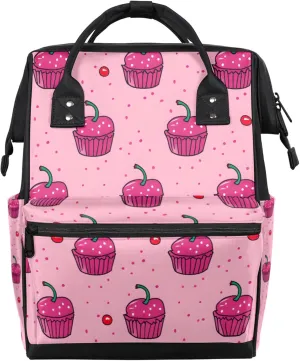 Tavisto Cherry Cupcake Delight Double Shoulder Mommy Bag for Women, Polyester Large Capacity Diaper Backpack with Multi Pockets, Waterproof Adjustable Straps Diaper Bag for Moms Dads, 11''×7''×15.7''