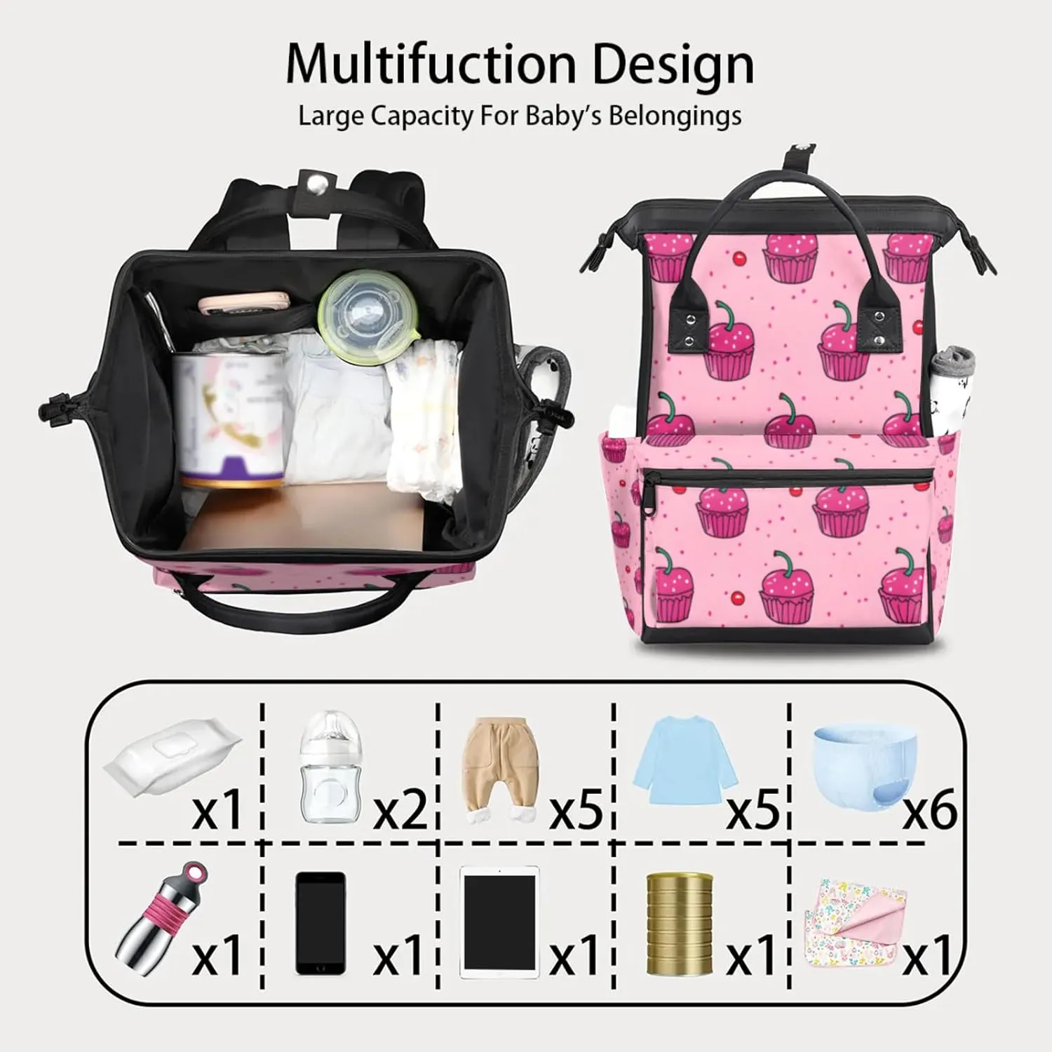 Tavisto Cherry Cupcake Delight Double Shoulder Mommy Bag for Women, Polyester Large Capacity Diaper Backpack with Multi Pockets, Waterproof Adjustable Straps Diaper Bag for Moms Dads, 11''×7''×15.7''