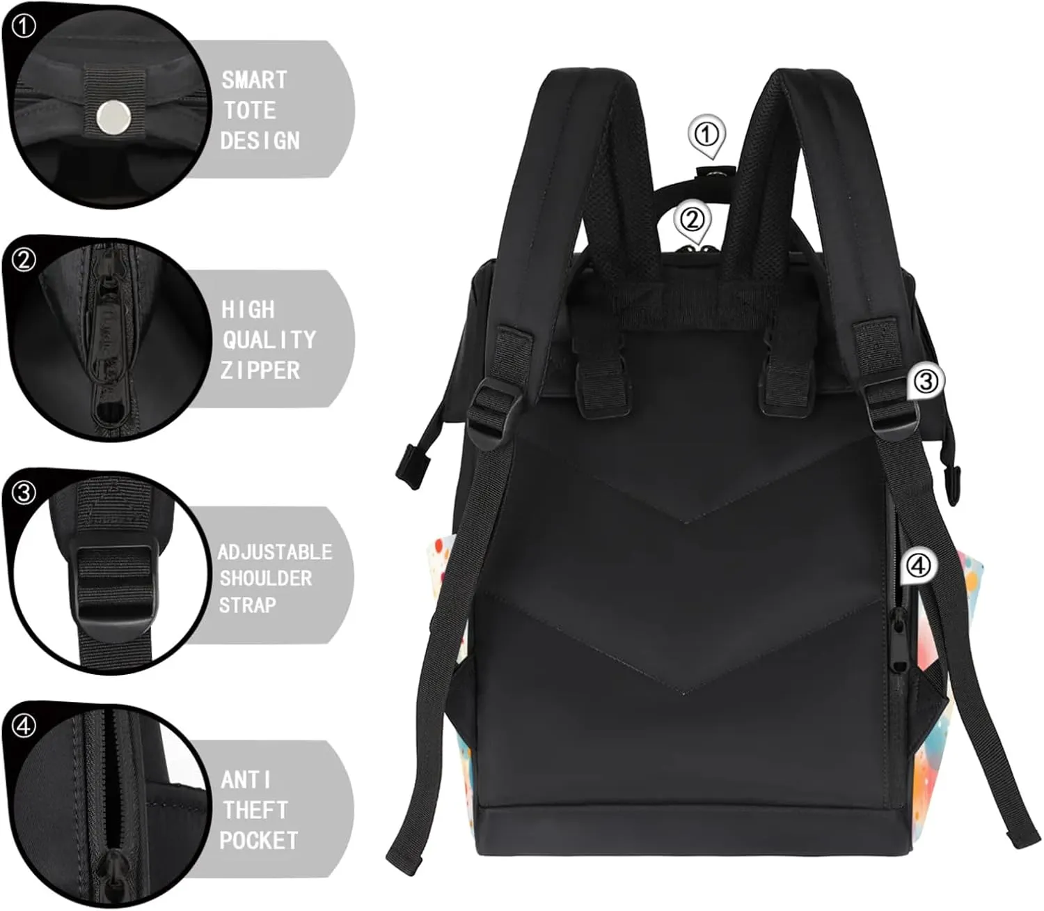 Tavisto Colorful Circle Splash Double Shoulder Mommy Bag for Women, Polyester Large Capacity Diaper Backpack with Multi Pockets, Waterproof Adjustable Straps Diaper Bag for Moms Dads, 11''×7''×15.7''