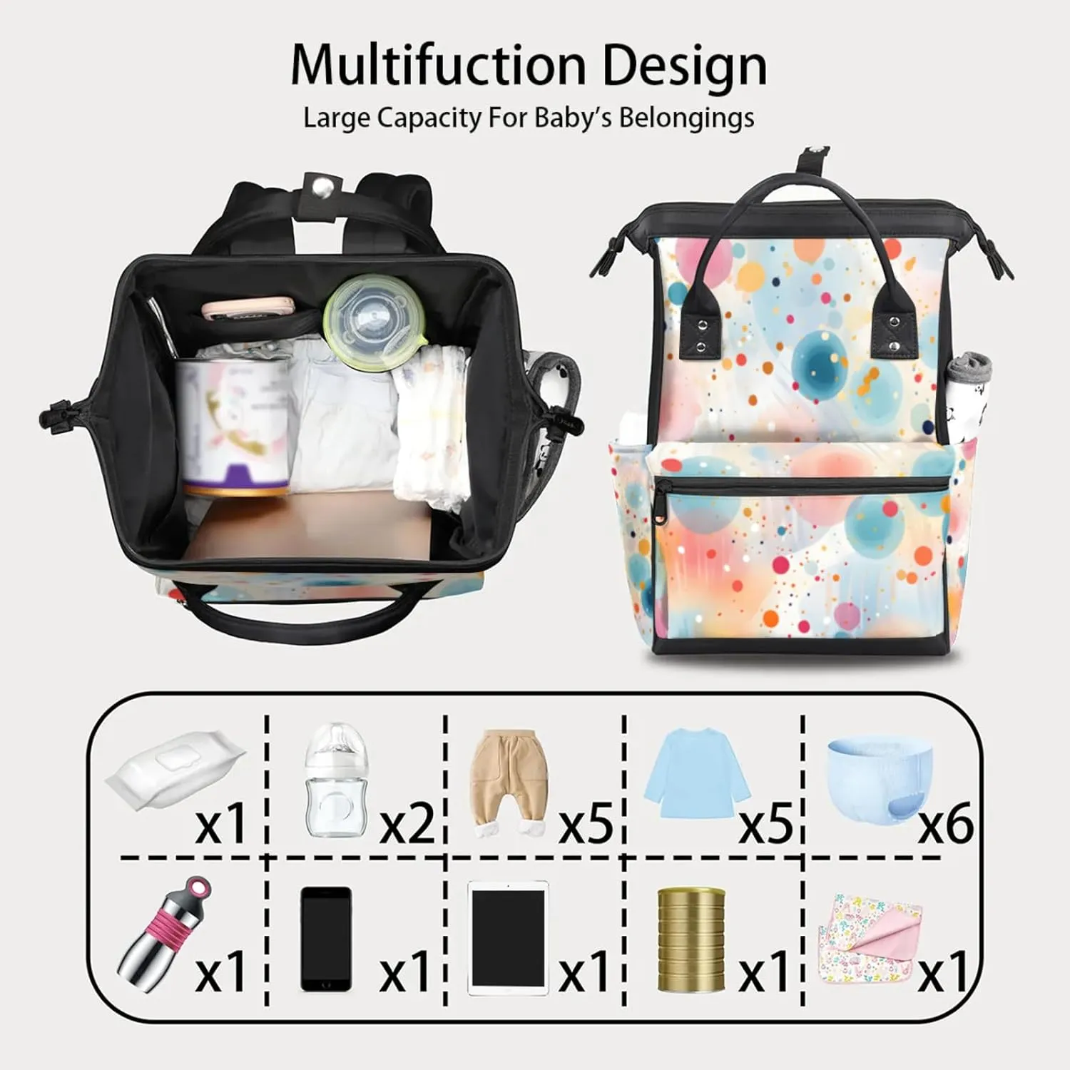 Tavisto Colorful Circle Splash Double Shoulder Mommy Bag for Women, Polyester Large Capacity Diaper Backpack with Multi Pockets, Waterproof Adjustable Straps Diaper Bag for Moms Dads, 11''×7''×15.7''