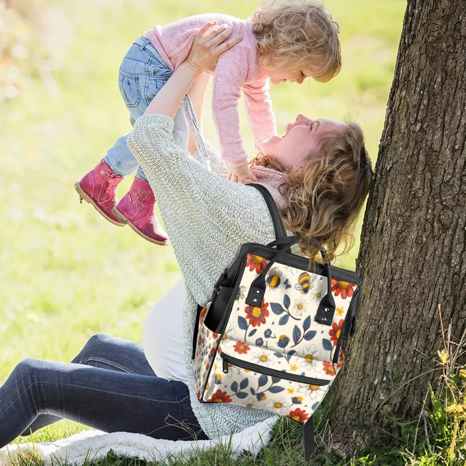 Tavisto Colorful Floral Medley Double Shoulder Mommy Bag for Women, Polyester Large Capacity Diaper Backpack with Multi Pockets, Waterproof Adjustable Straps Diaper Bag for Moms Dads, 11''×7''×15.7''