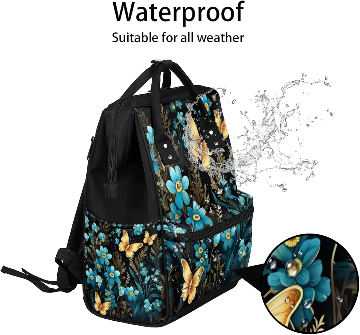 Tavisto Gold And Blue Florals Double Shoulder Mommy Bag for Women, Polyester Large Capacity Diaper Backpack with Multi Pockets, Waterproof Adjustable Straps Diaper Bag for Moms Dads, 11''×7''×15.7''