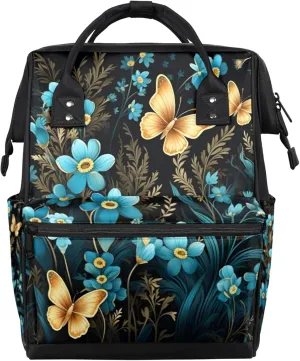 Tavisto Gold And Blue Florals Double Shoulder Mommy Bag for Women, Polyester Large Capacity Diaper Backpack with Multi Pockets, Waterproof Adjustable Straps Diaper Bag for Moms Dads, 11''×7''×15.7''