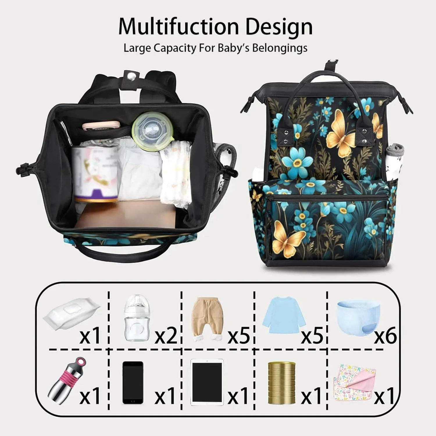 Tavisto Gold And Blue Florals Double Shoulder Mommy Bag for Women, Polyester Large Capacity Diaper Backpack with Multi Pockets, Waterproof Adjustable Straps Diaper Bag for Moms Dads, 11''×7''×15.7''