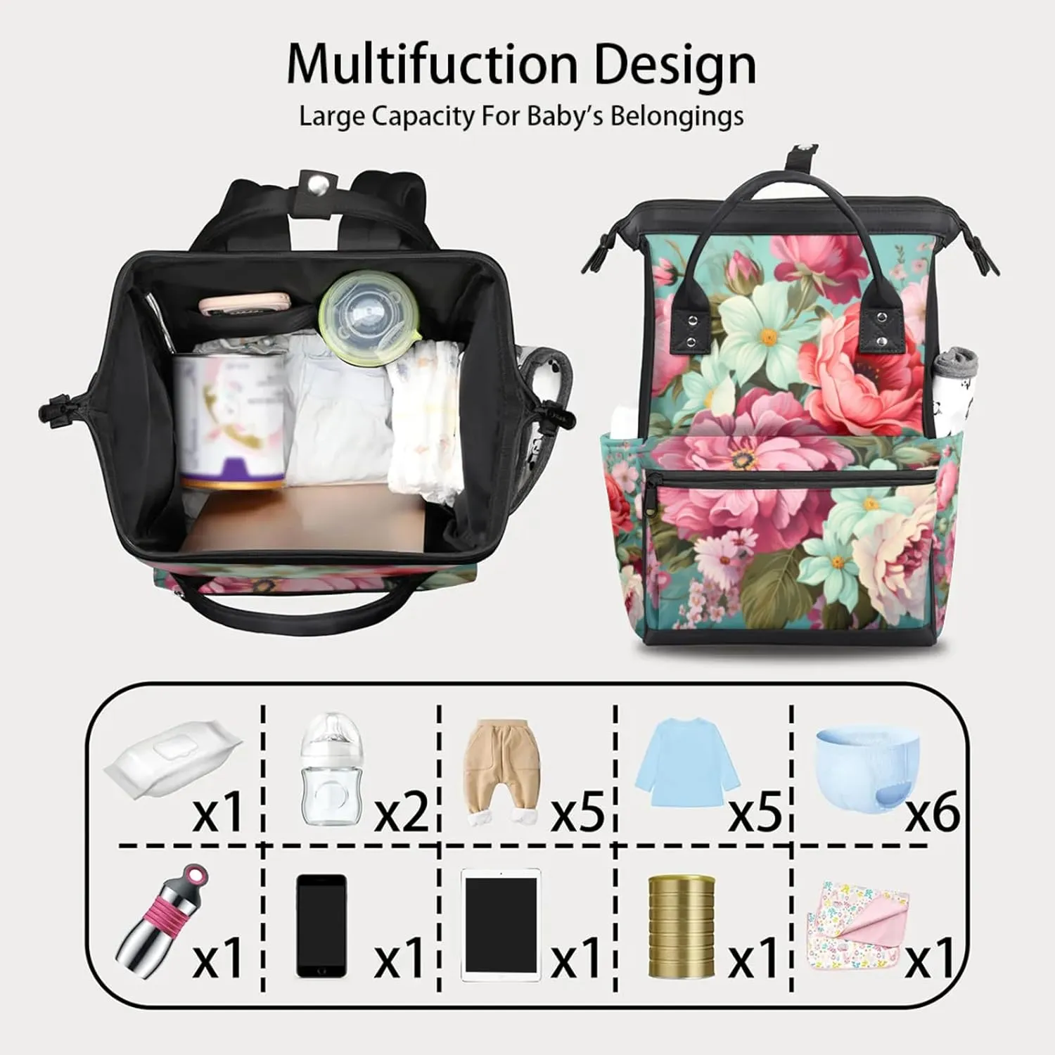 Tavisto Pink White Florals Double Shoulder Mommy Bag for Women, Polyester Large Capacity Diaper Backpack with Multi Pockets, Waterproof Adjustable Straps Diaper Bag for Moms Dads, 11''×7''×15.7''
