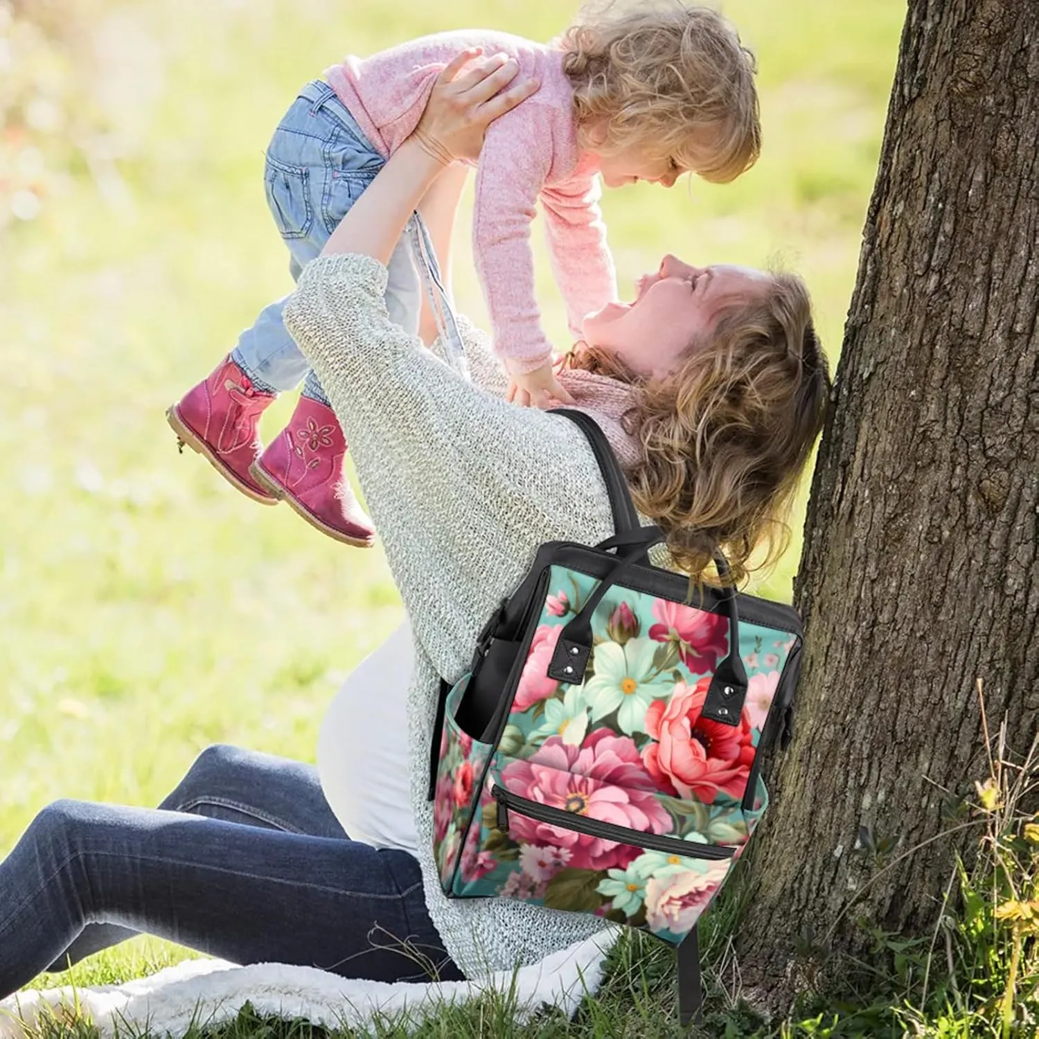 Tavisto Pink White Florals Double Shoulder Mommy Bag for Women, Polyester Large Capacity Diaper Backpack with Multi Pockets, Waterproof Adjustable Straps Diaper Bag for Moms Dads, 11''×7''×15.7''