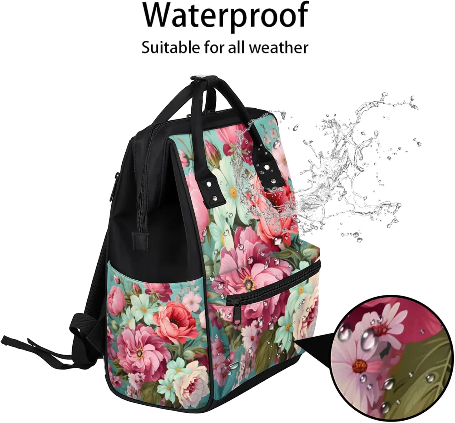 Tavisto Pink White Florals Double Shoulder Mommy Bag for Women, Polyester Large Capacity Diaper Backpack with Multi Pockets, Waterproof Adjustable Straps Diaper Bag for Moms Dads, 11''×7''×15.7''