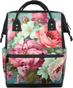 Tavisto Pink White Florals Double Shoulder Mommy Bag for Women, Polyester Large Capacity Diaper Backpack with Multi Pockets, Waterproof Adjustable Straps Diaper Bag for Moms Dads, 11''×7''×15.7''