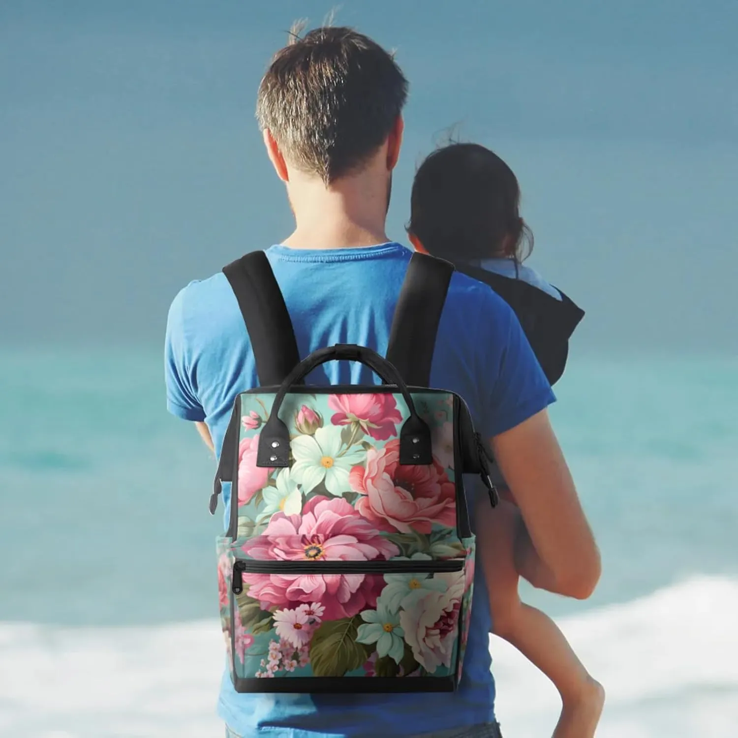 Tavisto Pink White Florals Double Shoulder Mommy Bag for Women, Polyester Large Capacity Diaper Backpack with Multi Pockets, Waterproof Adjustable Straps Diaper Bag for Moms Dads, 11''×7''×15.7''