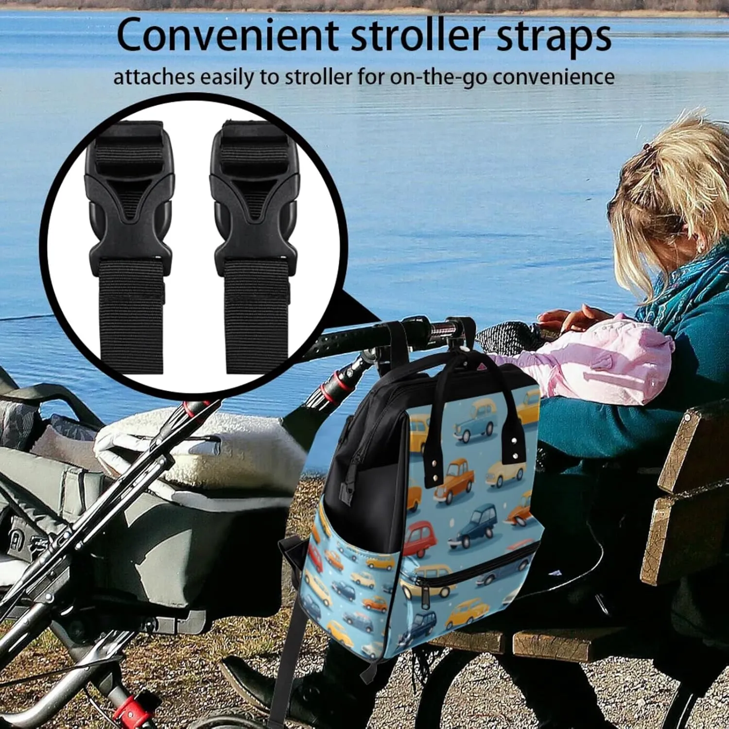 Tavisto Retro Auto Showcase Double Shoulder Mommy Bag for Women, Polyester Large Capacity Diaper Backpack with Multi Pockets, Waterproof Adjustable Straps Diaper Bag for Moms Dads, 11''×7''×15.7''