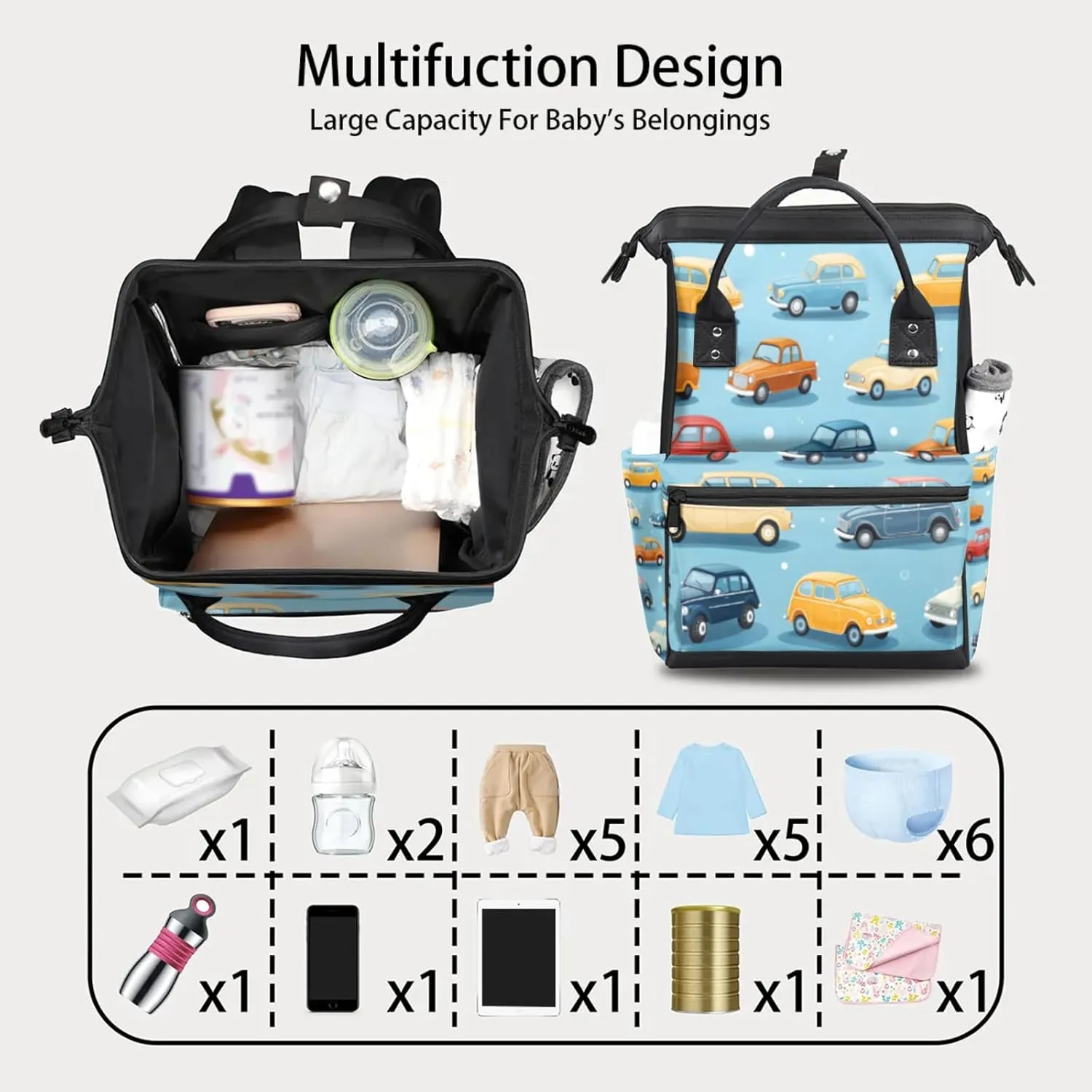 Tavisto Retro Auto Showcase Double Shoulder Mommy Bag for Women, Polyester Large Capacity Diaper Backpack with Multi Pockets, Waterproof Adjustable Straps Diaper Bag for Moms Dads, 11''×7''×15.7''