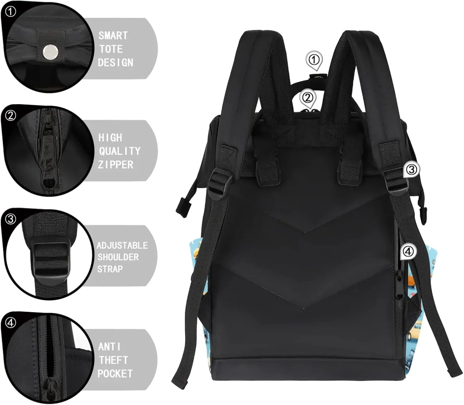 Tavisto Retro Auto Showcase Double Shoulder Mommy Bag for Women, Polyester Large Capacity Diaper Backpack with Multi Pockets, Waterproof Adjustable Straps Diaper Bag for Moms Dads, 11''×7''×15.7''