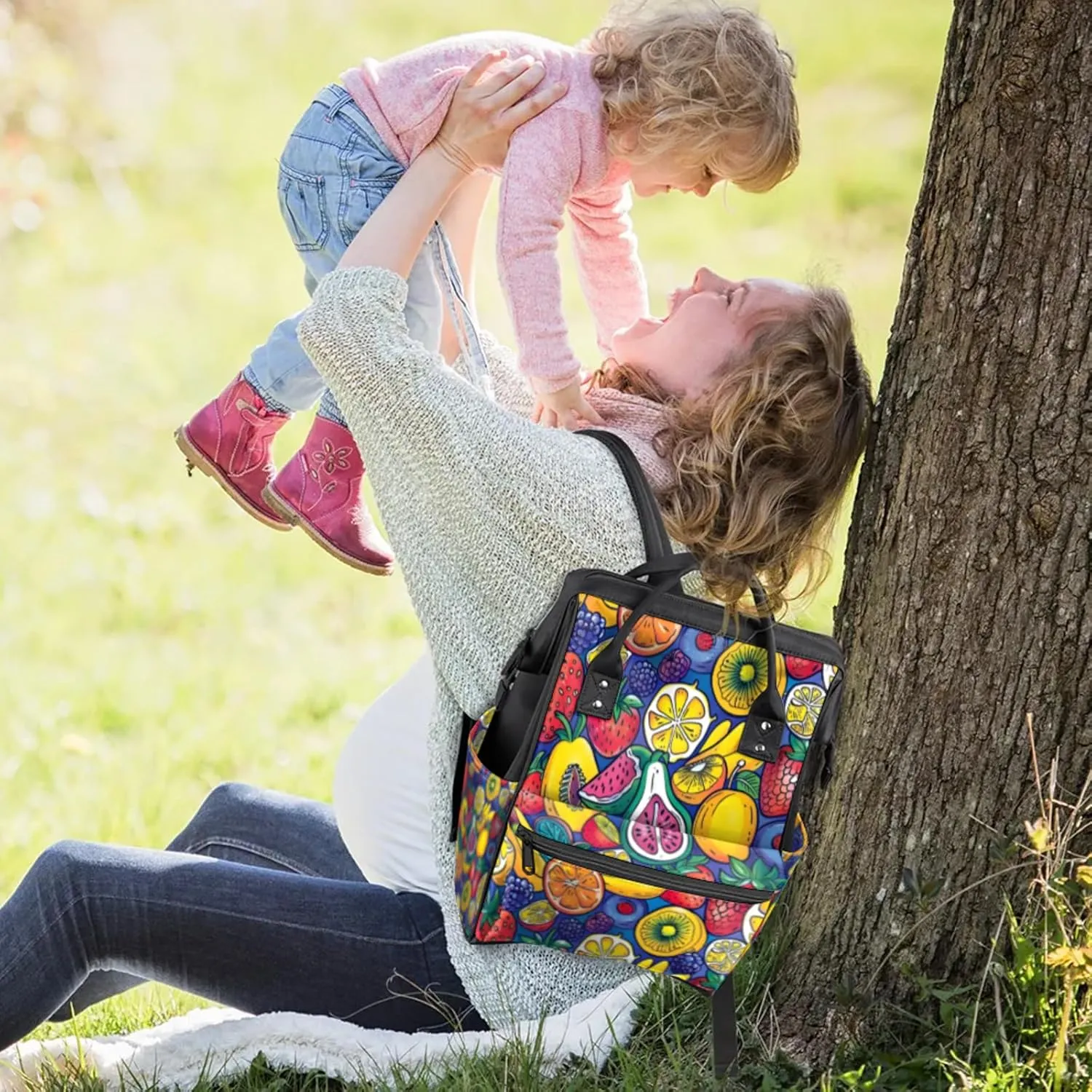 Tavisto Vibrant Fruit Party Double Shoulder Mommy Bag for Women, Polyester Large Capacity Diaper Backpack with Multi Pockets, Waterproof Adjustable Straps Diaper Bag for Moms Dads, 11''×7''×15.7''