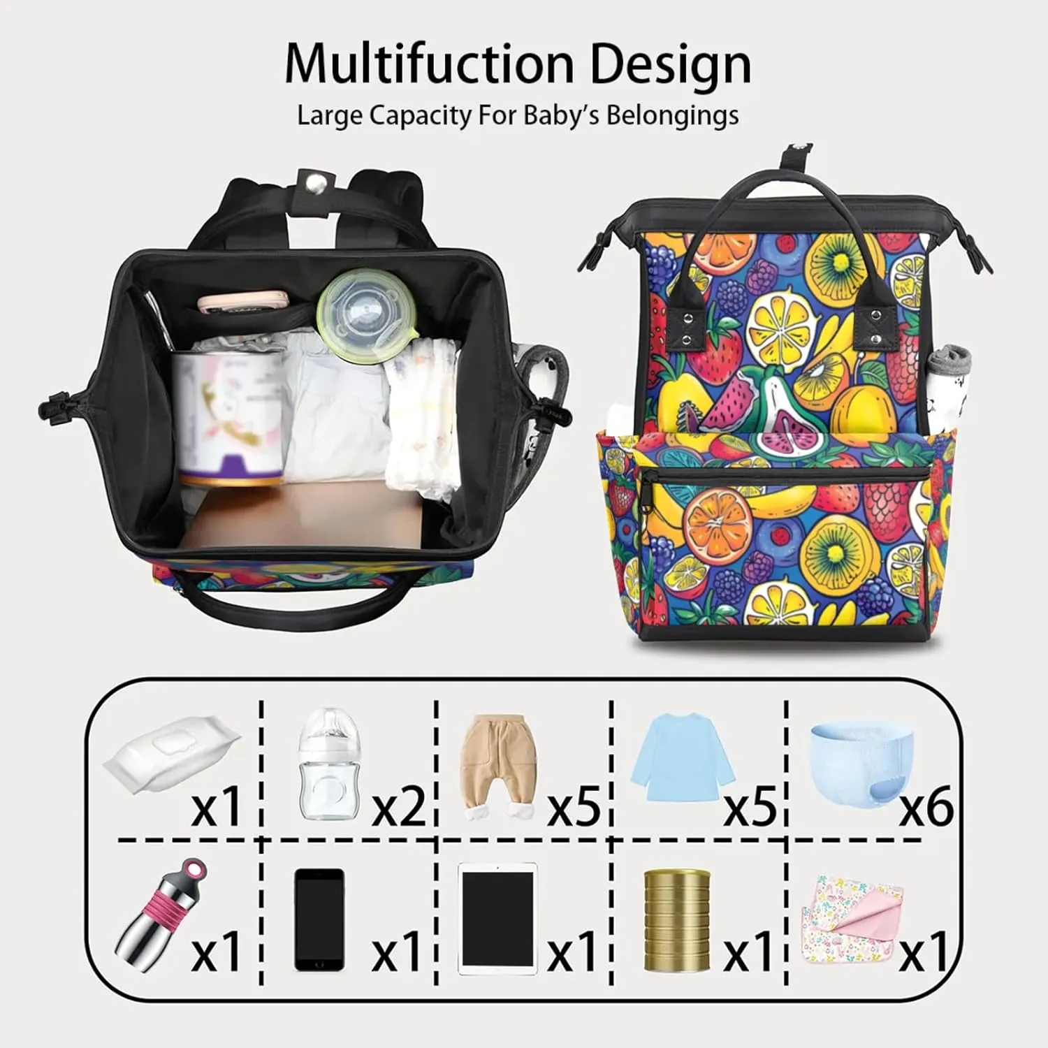 Tavisto Vibrant Fruit Party Double Shoulder Mommy Bag for Women, Polyester Large Capacity Diaper Backpack with Multi Pockets, Waterproof Adjustable Straps Diaper Bag for Moms Dads, 11''×7''×15.7''