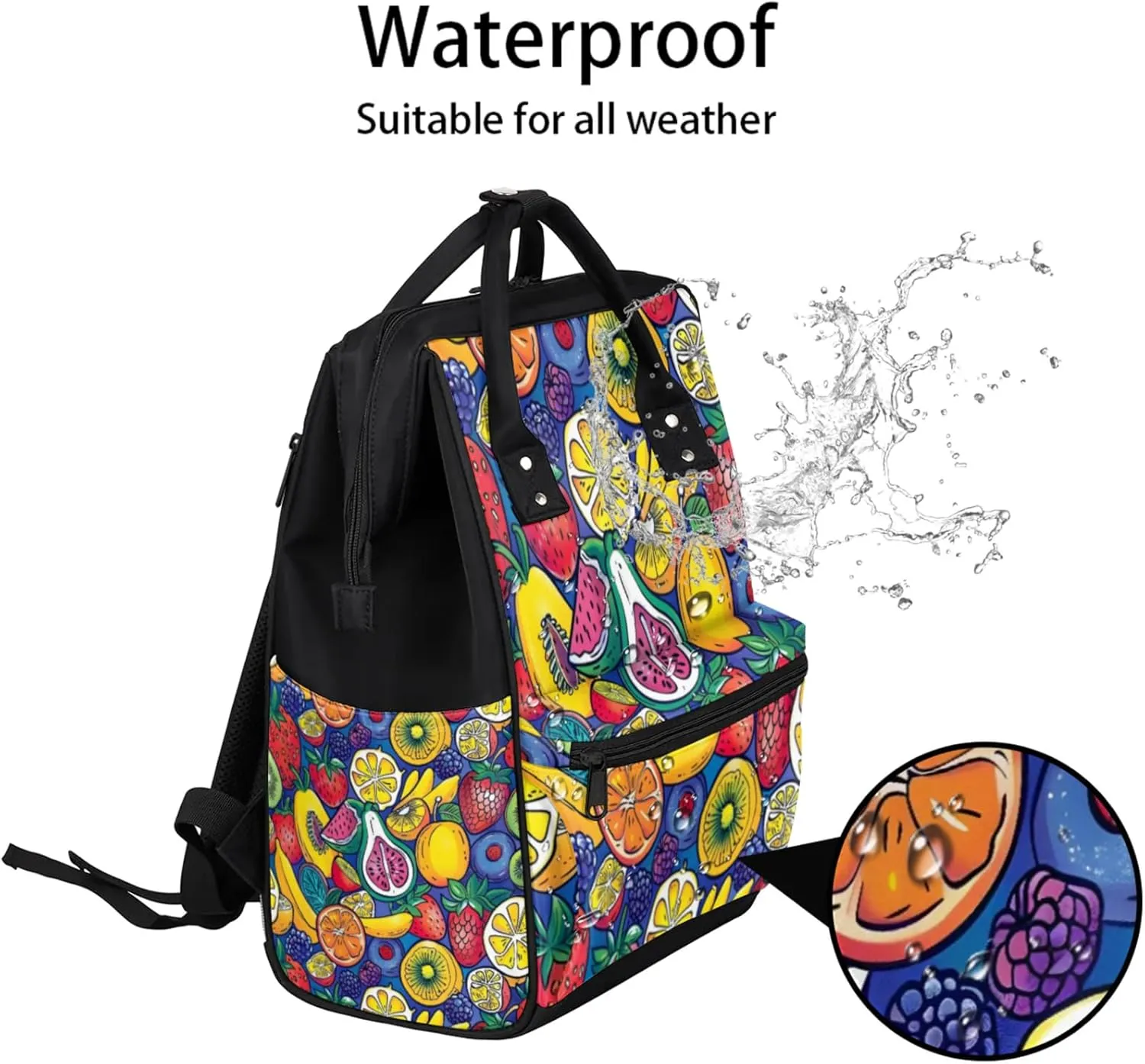 Tavisto Vibrant Fruit Party Double Shoulder Mommy Bag for Women, Polyester Large Capacity Diaper Backpack with Multi Pockets, Waterproof Adjustable Straps Diaper Bag for Moms Dads, 11''×7''×15.7''