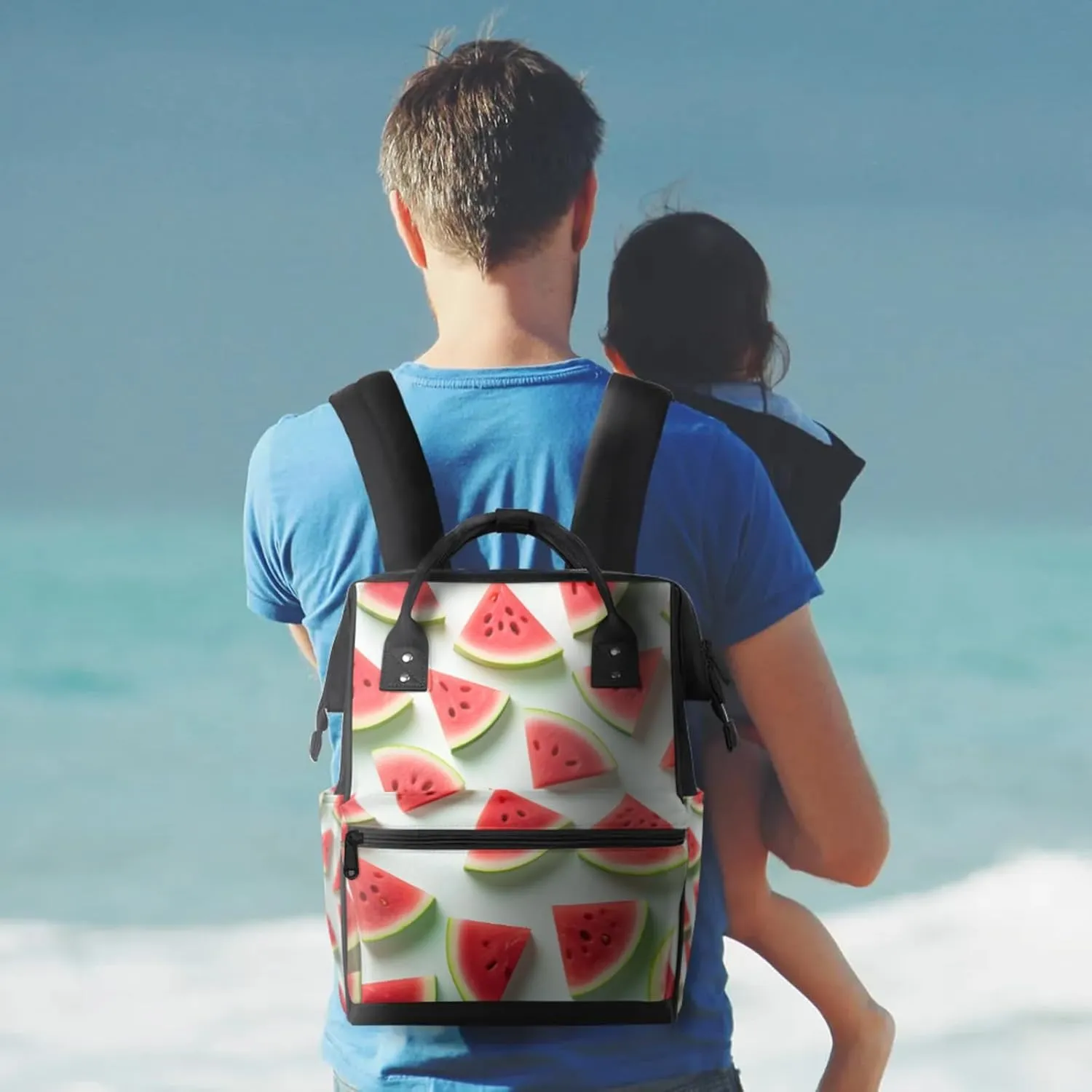 Tavisto Watermelon Slices Double Shoulder Mommy Bag for Women, Polyester Large Capacity Diaper Backpack with Multi Pockets, Waterproof Adjustable Straps Diaper Bag for Moms Dads, 11''×7''×15.7''