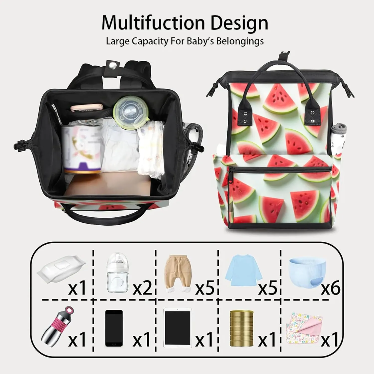 Tavisto Watermelon Slices Double Shoulder Mommy Bag for Women, Polyester Large Capacity Diaper Backpack with Multi Pockets, Waterproof Adjustable Straps Diaper Bag for Moms Dads, 11''×7''×15.7''