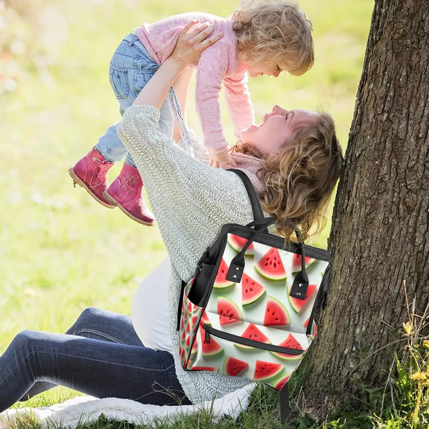 Tavisto Watermelon Slices Double Shoulder Mommy Bag for Women, Polyester Large Capacity Diaper Backpack with Multi Pockets, Waterproof Adjustable Straps Diaper Bag for Moms Dads, 11''×7''×15.7''