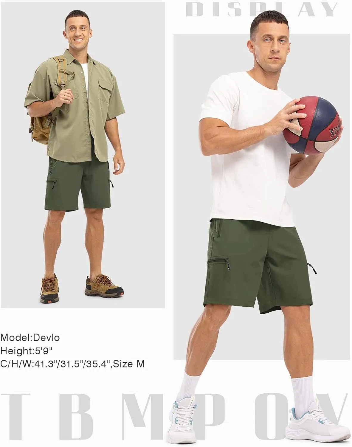 TBMPOY Men's Hiking Shorts with 5 Zip Pockets 9'' Lightweight Outdoor Work Athletic Travel Short for Men Casual Running