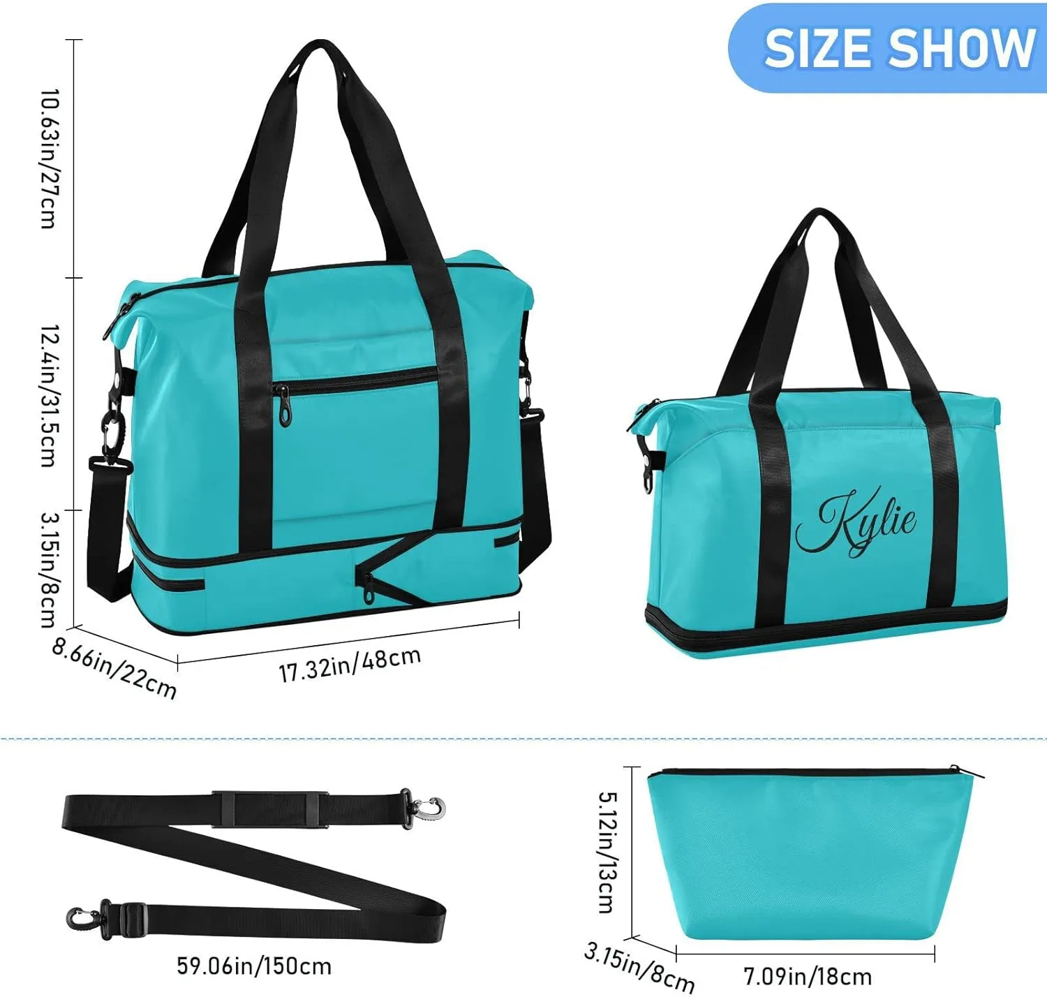 Teal Custom Gym Duffel with Shoe Compartment - Weekender, Carry On, Overnight Bag for Gym, Travel, Yoga, Sports