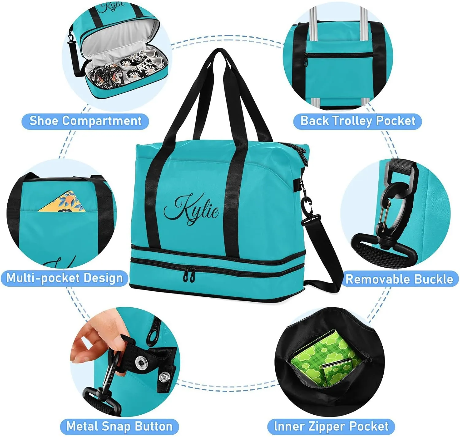 Teal Custom Gym Duffel with Shoe Compartment - Weekender, Carry On, Overnight Bag for Gym, Travel, Yoga, Sports