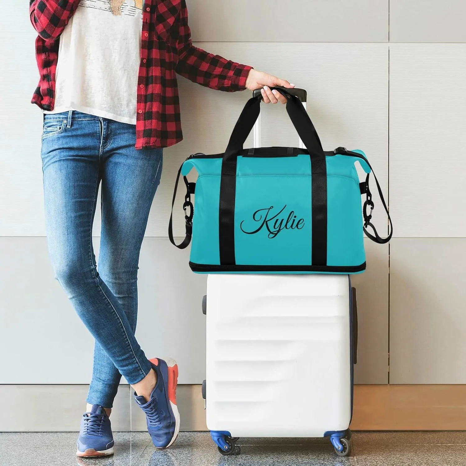 Teal Custom Gym Duffel with Shoe Compartment - Weekender, Carry On, Overnight Bag for Gym, Travel, Yoga, Sports