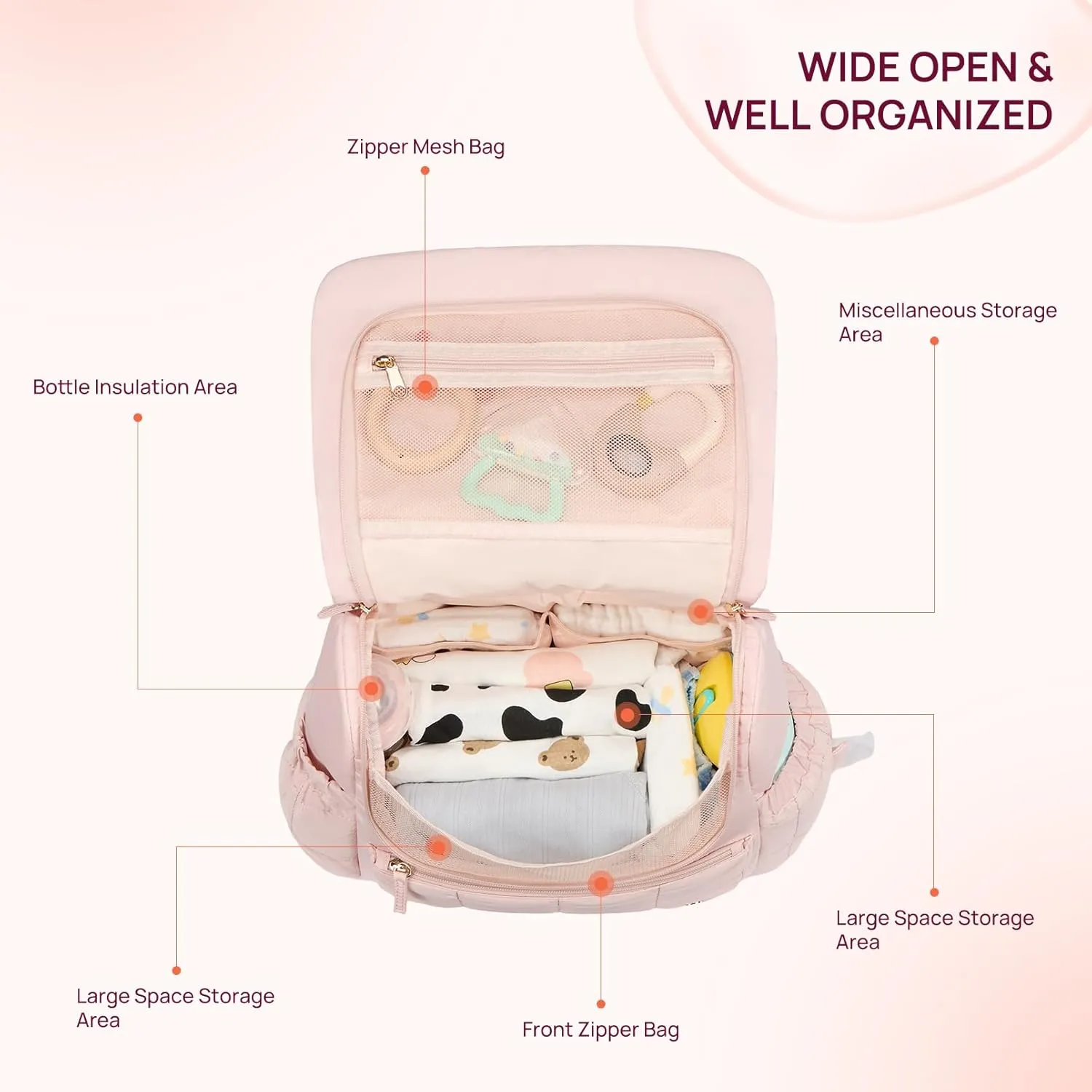 Telena Diaper Bag Mini Diaper Backpack with Changing Pad, Puffer Baby Travel Bag with Insulated Pockets, Stroller Straps, Pink