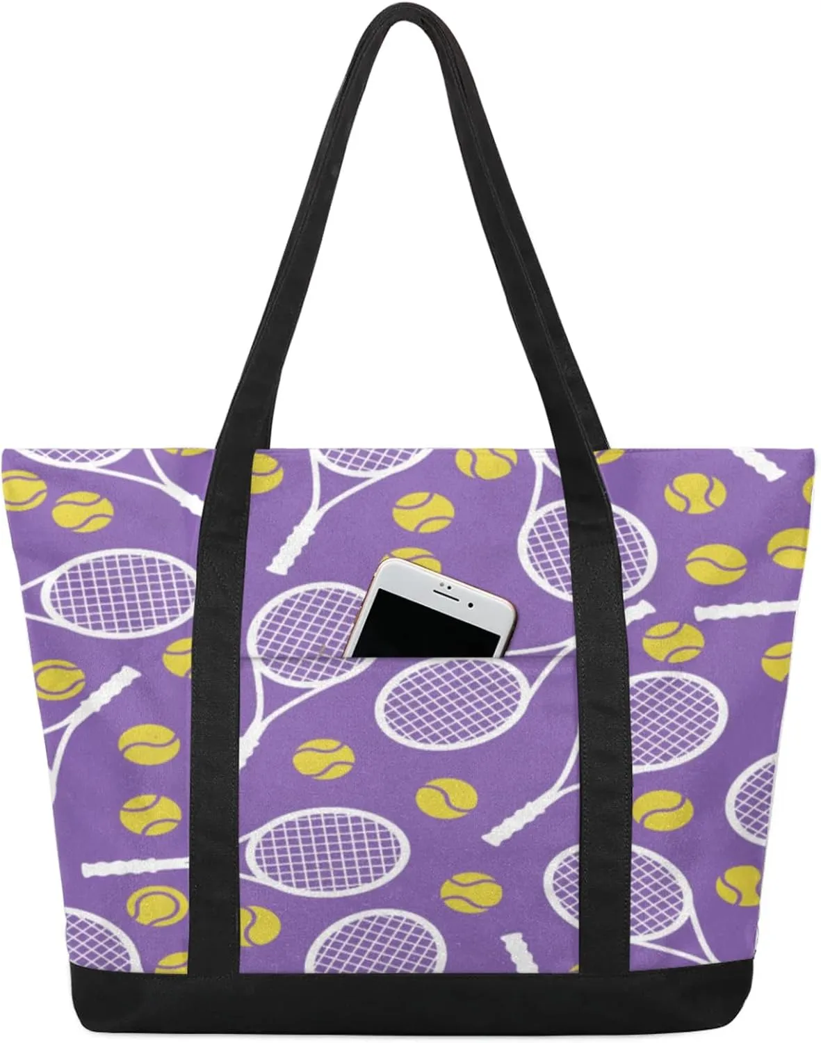 Tennis Purple Canvas Tote Bag Casual Shoulder Handbag Large Shopping Bags With 5 Pocket Carry On Weekender Backpack for Women Travel Work Gifts Duffle Grocery Compartment