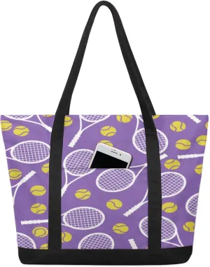 Tennis Purple Canvas Tote Bag Casual Shoulder Handbag Large Shopping Bags With 5 Pocket Carry On Weekender Backpack for Women Travel Work Gifts Duffle Grocery Compartment