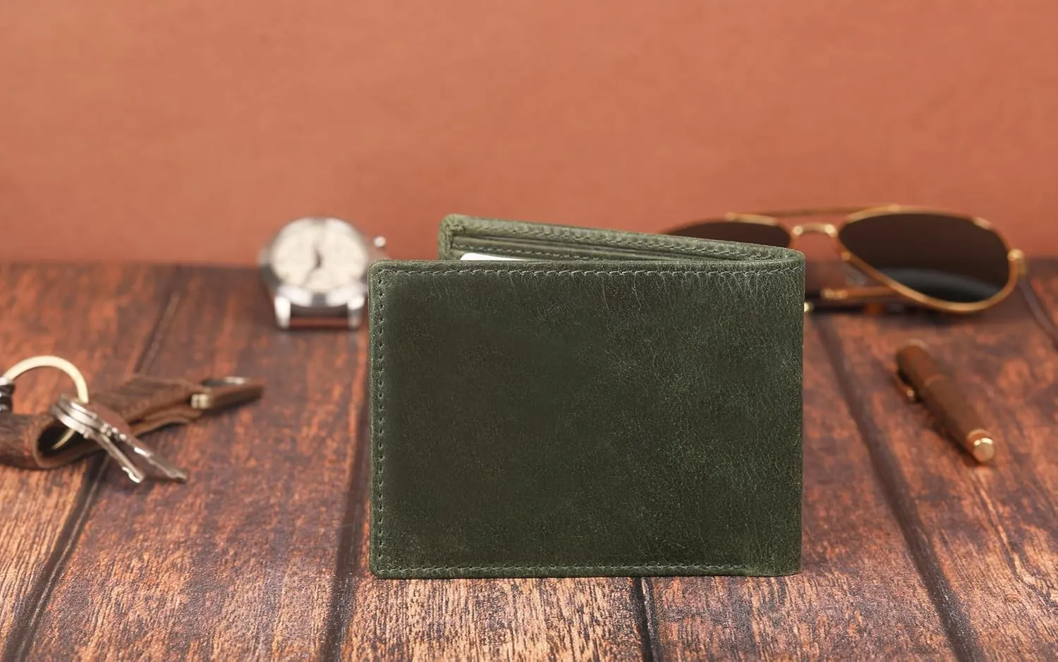 The Antiq Premium Leather Wallet for Men Bifold (Green) RFID Blocking Leather Card Holder Purse Gifts for Father - Slim & Stylish Handmade Mens Leather Wallet with 2 Billfold Pockets & 6 Card Slots
