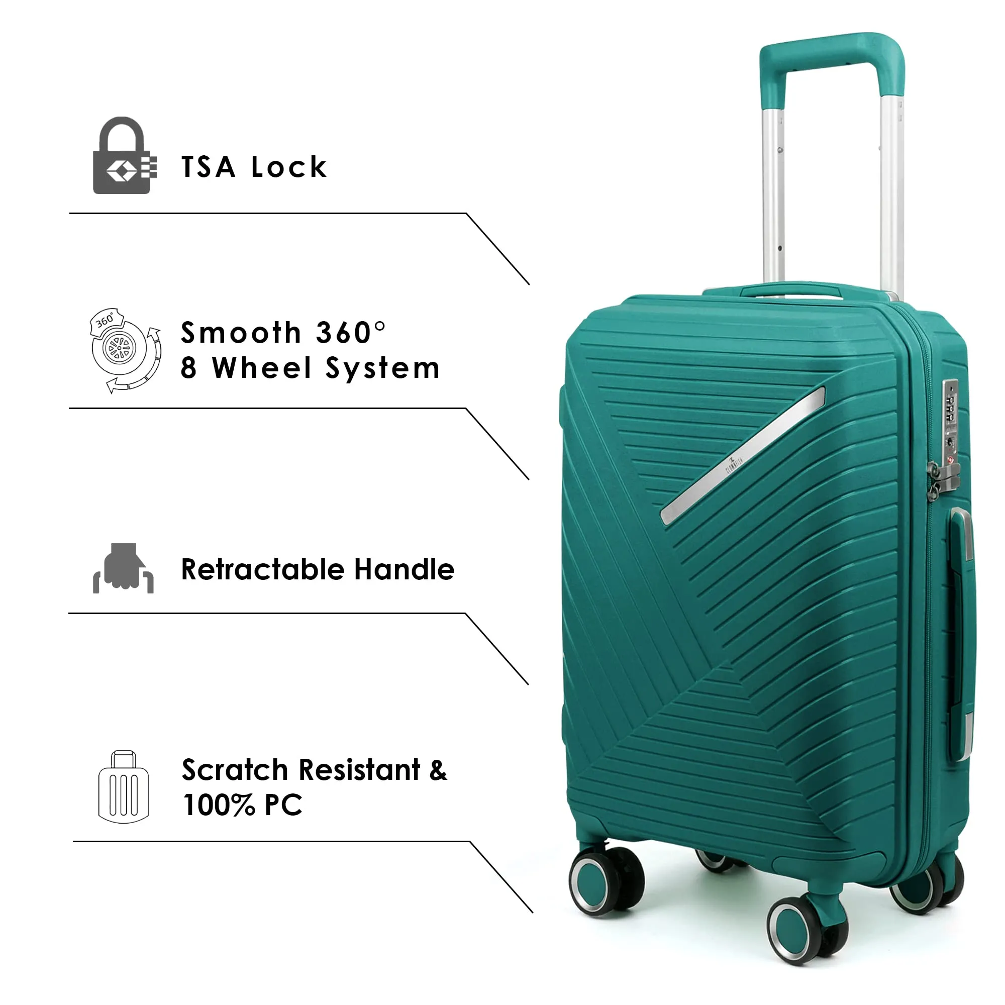 THE CLOWNFISH Denzel Series Luggage Polypropylene Hard Case Suitcase Eight Wheel Trolley Bag with TSA Lock- Teal (Small size, 56 cm-22 inch)