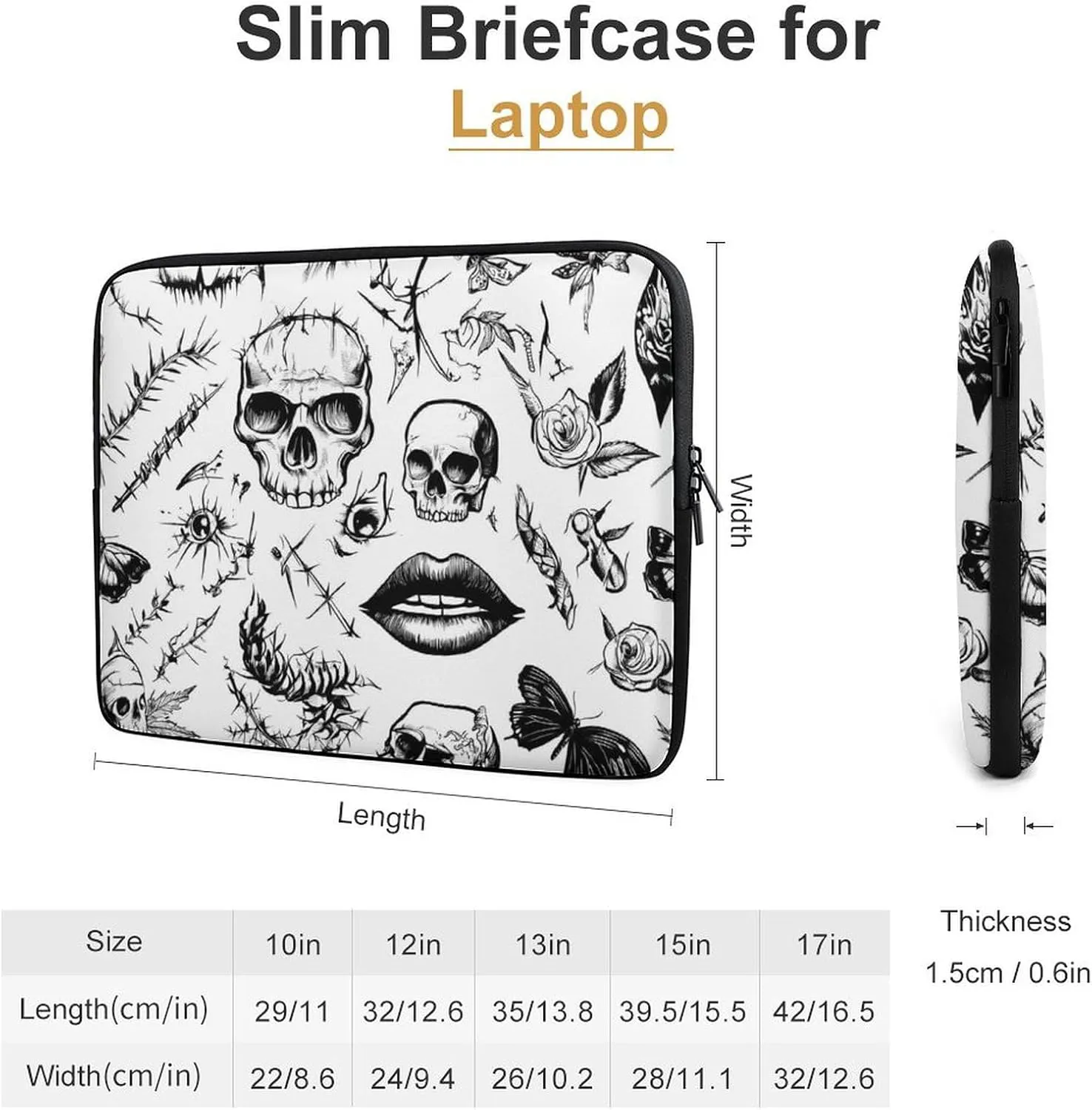 Thorn Skulls Roses Patch Eyes Casual Laptop Bag Sleeve Cover Computer Carrying Case for Office Travel 15inch