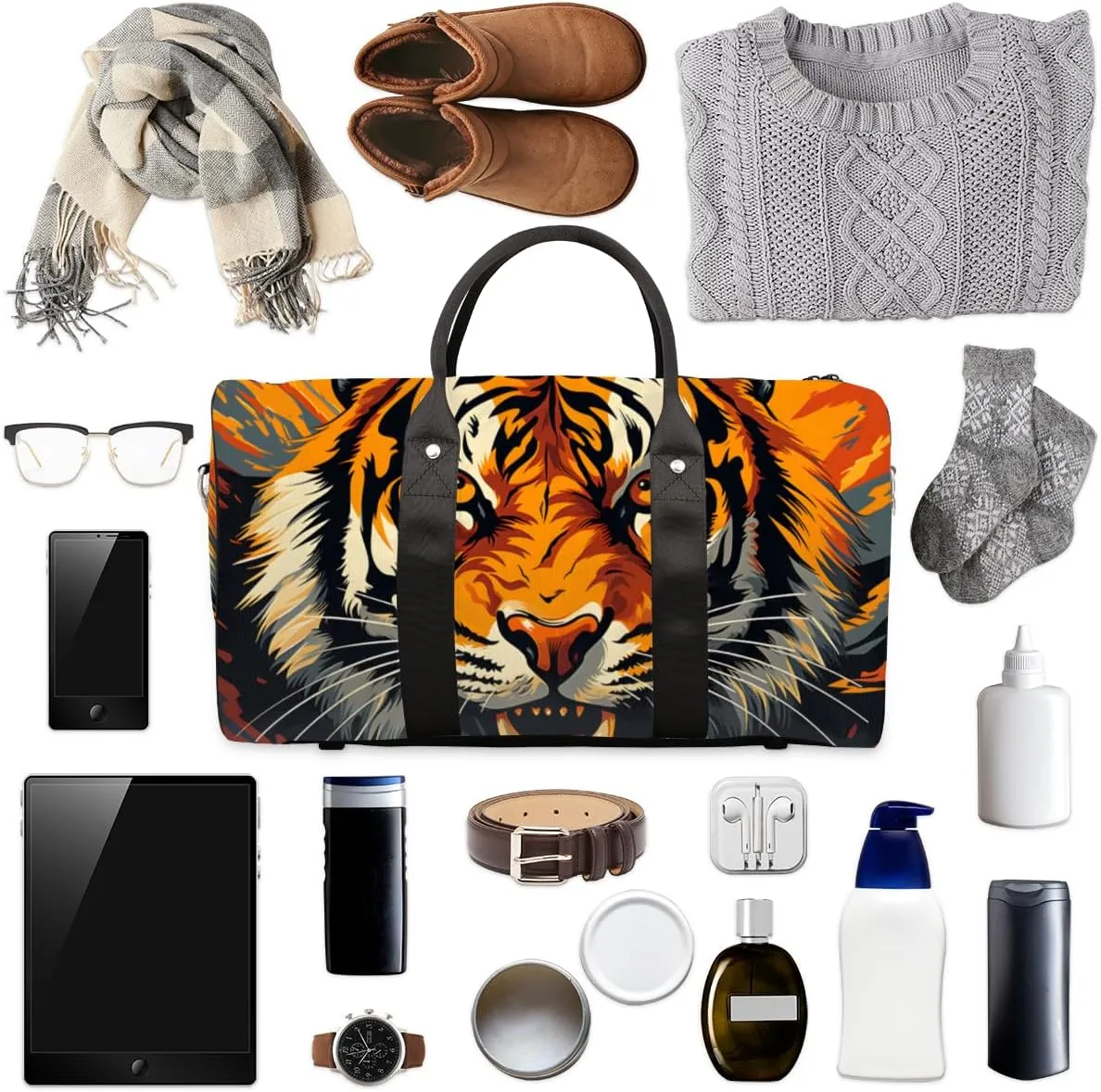 Tiger Head Travel Duffle Bag for Women Men Gym Duffel Foldable Bag Waterproof Weekender Powerful Animals Duffle Tote