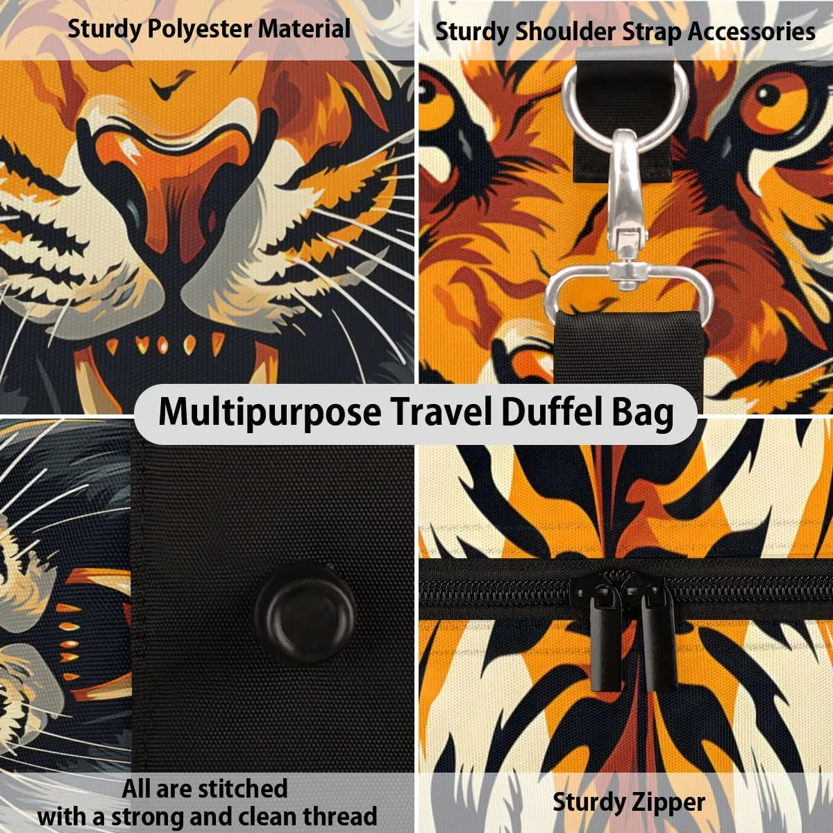 Tiger Head Travel Duffle Bag for Women Men Gym Duffel Foldable Bag Waterproof Weekender Powerful Animals Duffle Tote