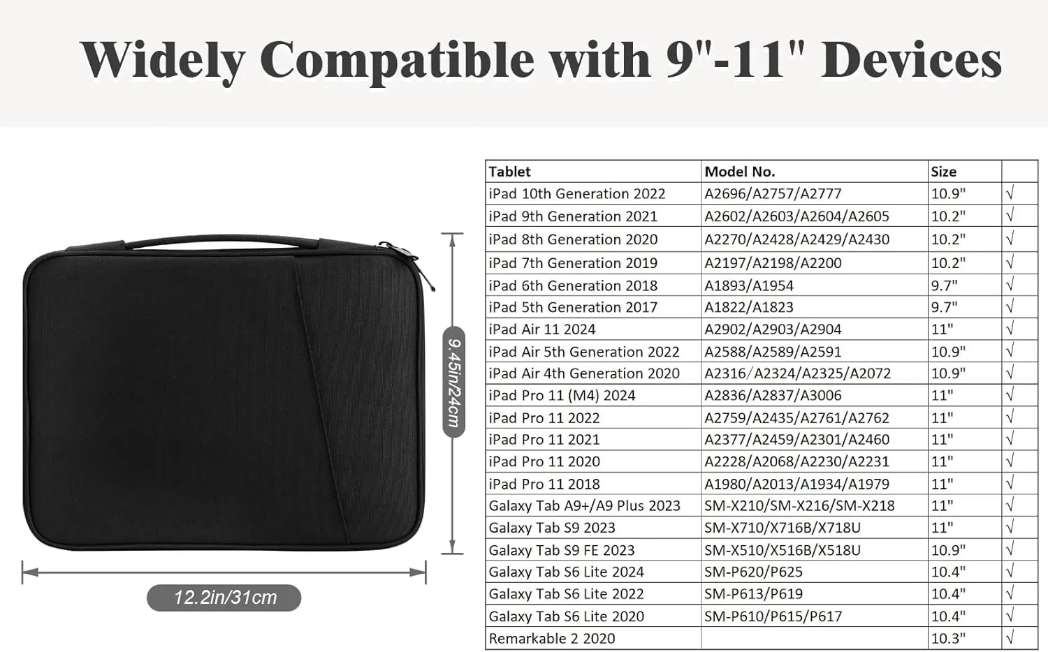 TiMOVO 9-11" Tablet Sleeve for iPad 11-inch A16 2025, iPad 10th Gen. 10.9", iPad 10.2", iPad Air 11/5th/4th Gen. 10.9", Galaxy Tab A9 Plus 11", Protective Bag with Pockets, Black