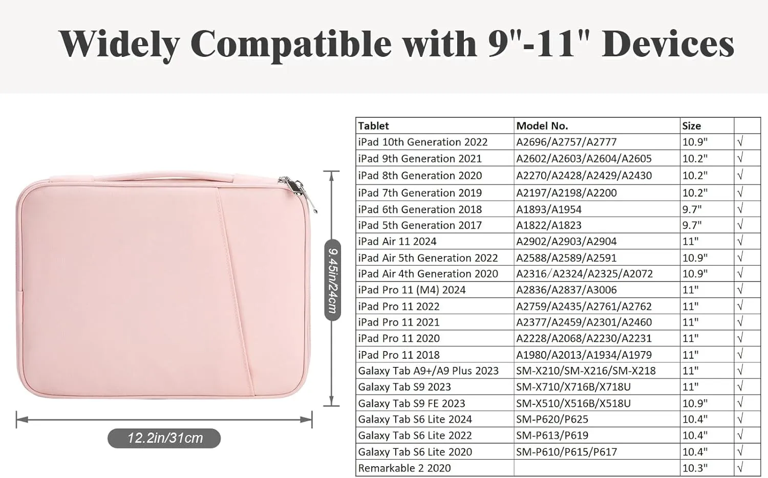 TiMOVO 9-11" Tablet Sleeve for iPad 11-inch A16 2025, iPad 10th Gen. 10.9", iPad 10.2", iPad Air 11/5th/4th Gen. 10.9", Galaxy Tab A9 Plus 11", Protective Bag with Pockets, Pink