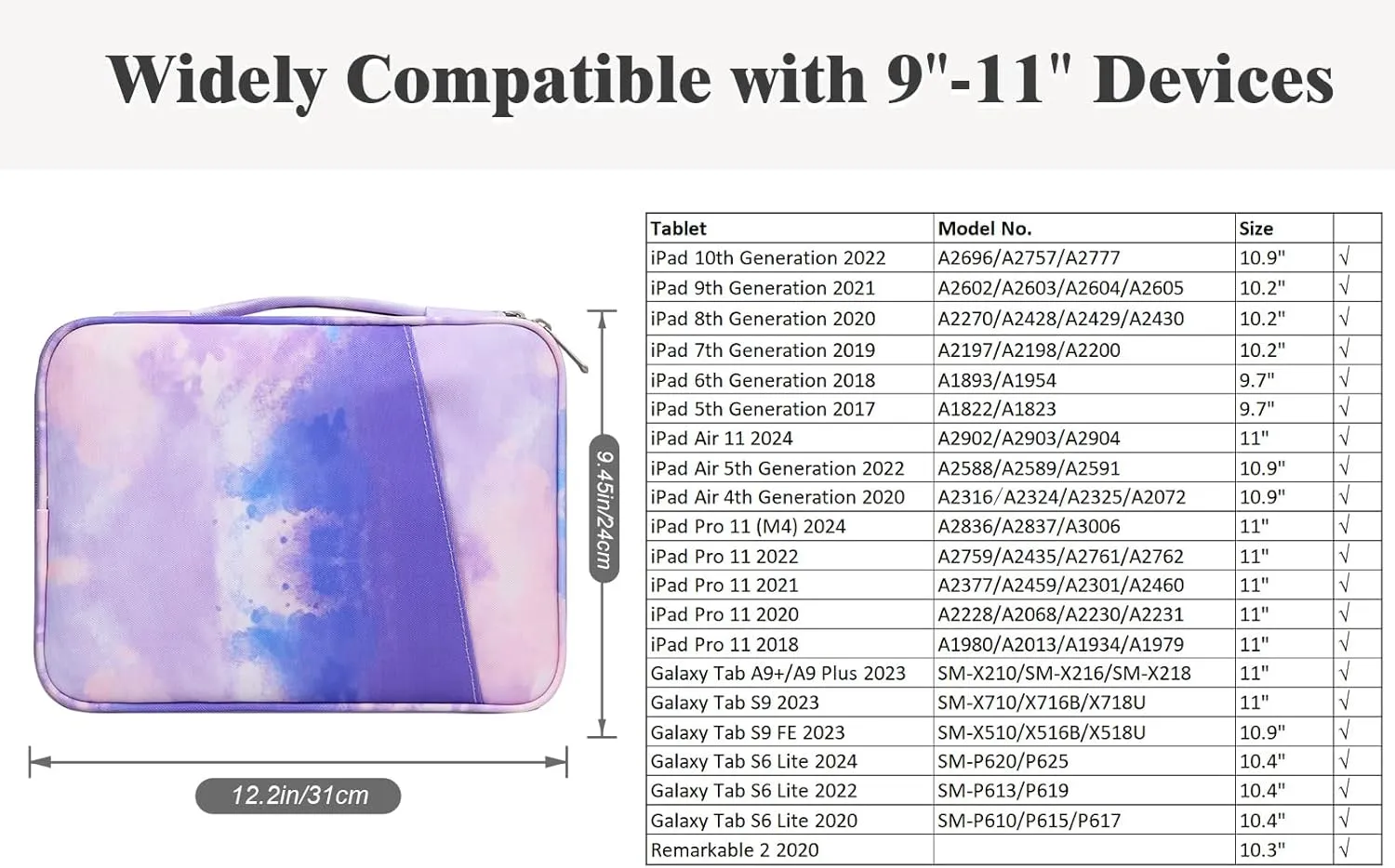 TiMOVO 9-11" Tablet Sleeve for iPad 11-inch A16 2025, iPad 10th Gen. 10.9", iPad 10.2", iPad Air 11/5th/4th Gen. 10.9", Galaxy Tab A9 Plus 11", Protective Bag with Pockets, Watercolor Purple