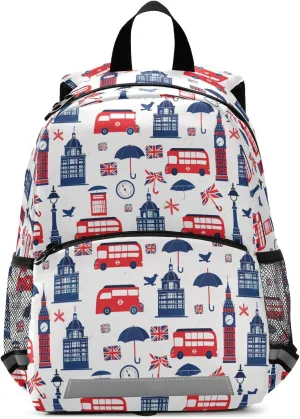 Toddler Backpack Kids Daypack, Cartoon London Theme Prints Kindergartens Bookbag for Boys and Girls 3-6 Years with Safety Leash