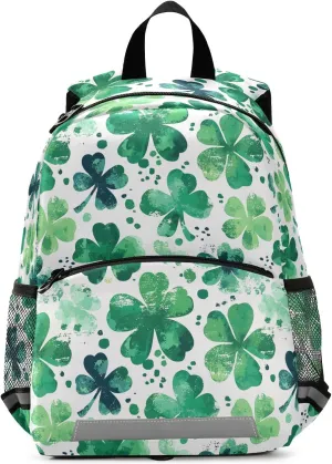 Toddler Backpack Kids Daypack, Watercolor Clover Green Pattern Kindergartens Bookbag for Boys and Girls 3-6 Years with Safety Leash
