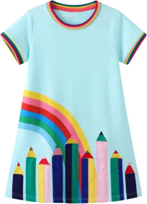 Toddler Girl's Cotton Dress Toddler Girls Summer Dress Clothes Cotton Casual Cartoon Print Short Sleeve Dresses 1-7 Years