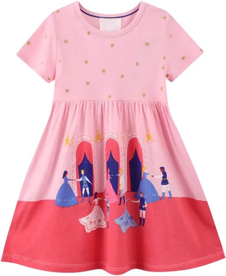 Toddler Little Girls Casual Dresses 2-Pack Cotton Crew Neck Graphic Cartoon Dress for 3-6 Years