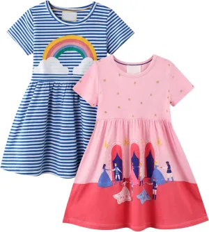 Toddler Little Girls Casual Dresses 2-Pack Cotton Crew Neck Graphic Cartoon Dress for 3-6 Years
