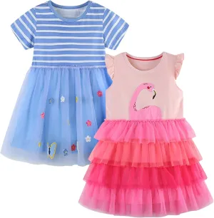 Toddler Little Girls Casual Dresses 2-Pack Cotton Crew Neck Graphic Cartoon Dress for 3-6 Years