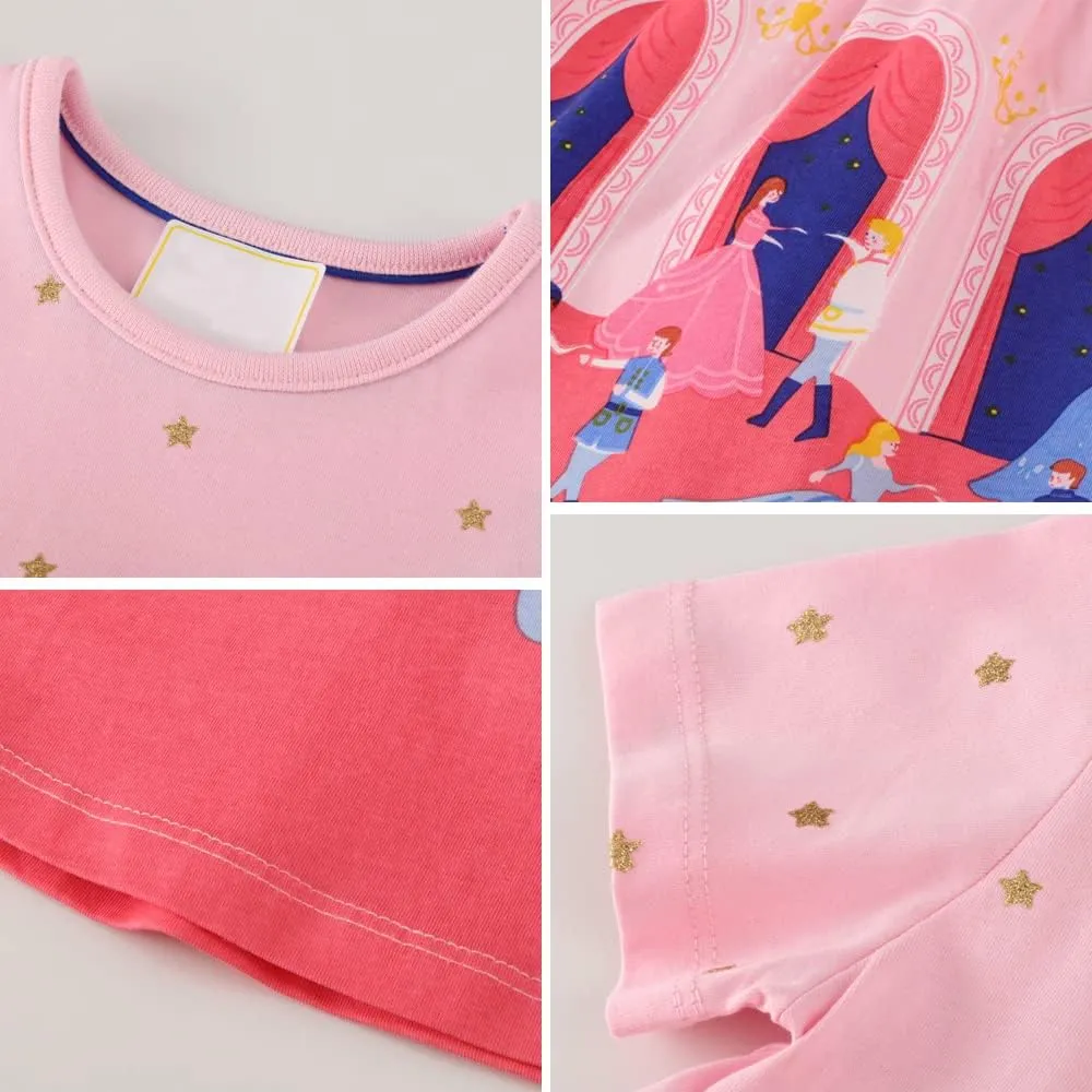 Toddler Little Girls Casual Dresses 2-Pack Cotton Crew Neck Graphic Cartoon Dress for 3-6 Years