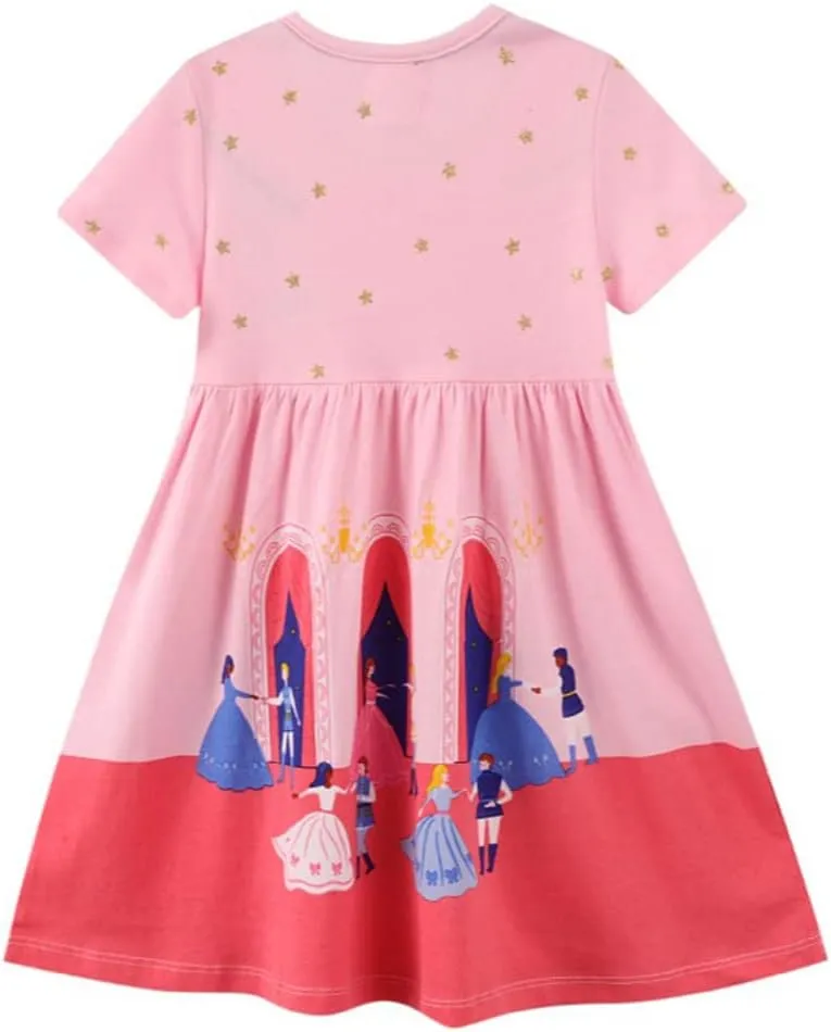 Toddler Little Girls Casual Dresses 2-Pack Cotton Crew Neck Graphic Cartoon Dress for 3-6 Years