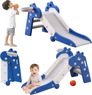 Toddler Slide Foldable Slides for Toddlers Slider for Kids Indoor Playset Baby Plastic Playground with Basketball Hoop and Ball